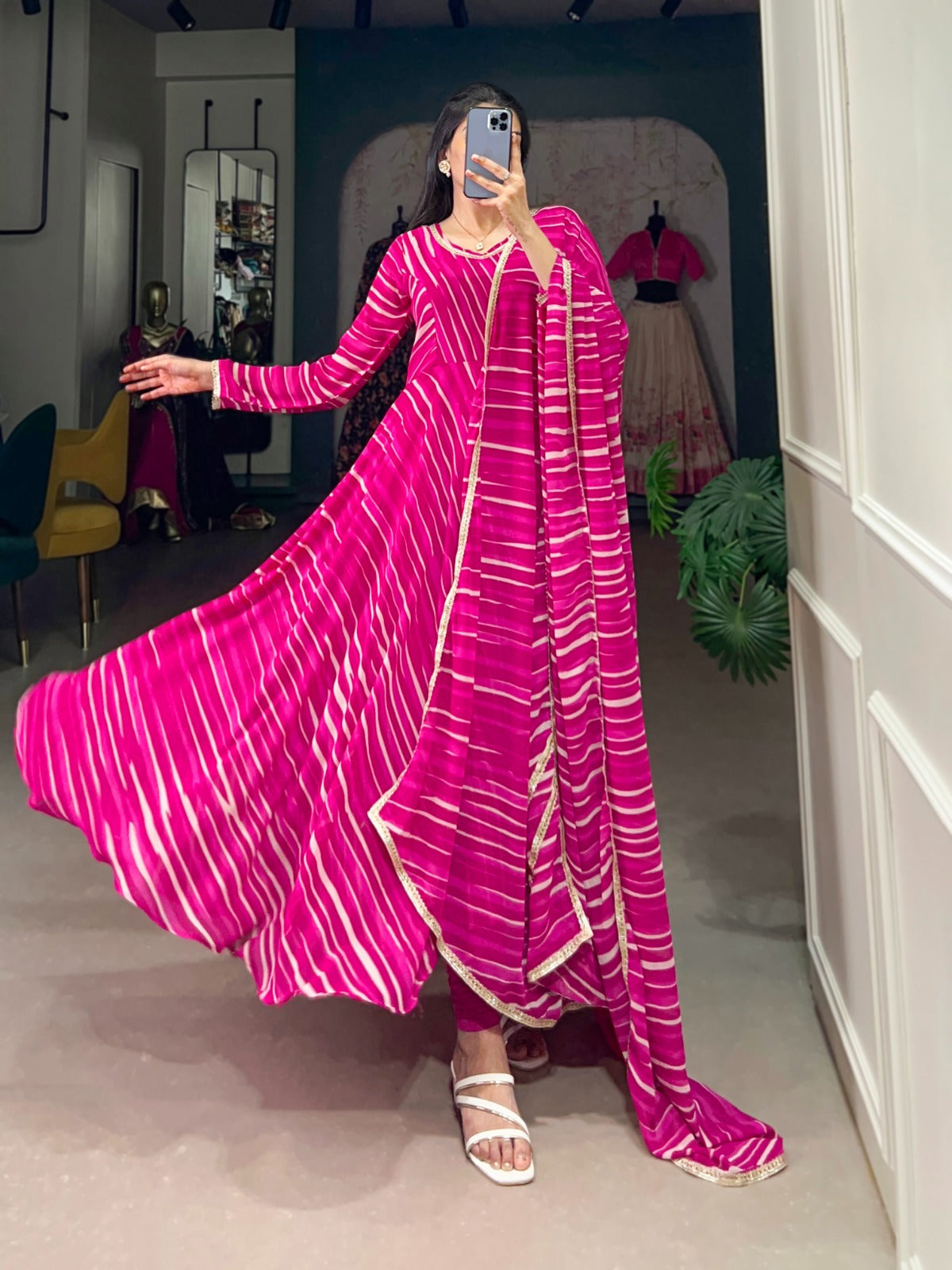 Spellbinding Georgette Leheriya Printed Stitched Designer Gown - Ethnicwish