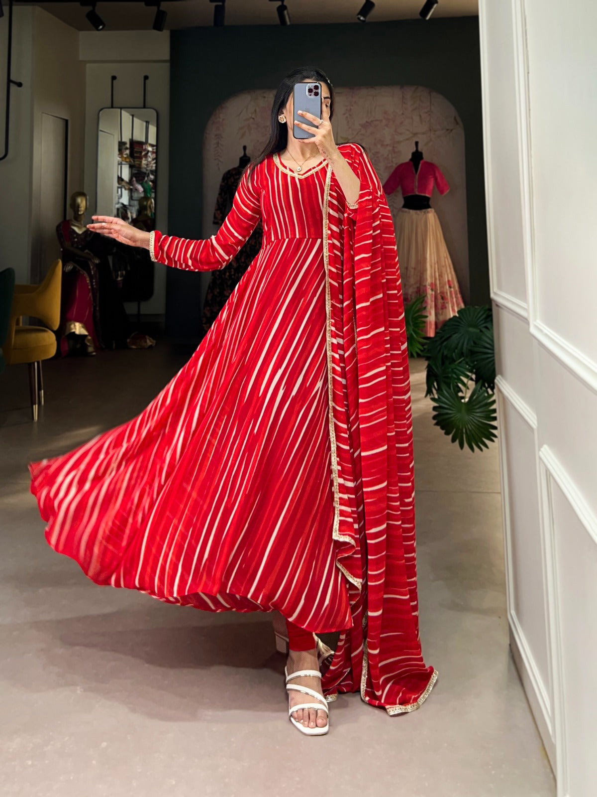 Spellbinding Georgette Leheriya Printed Stitched Designer Gown - Ethnicwish