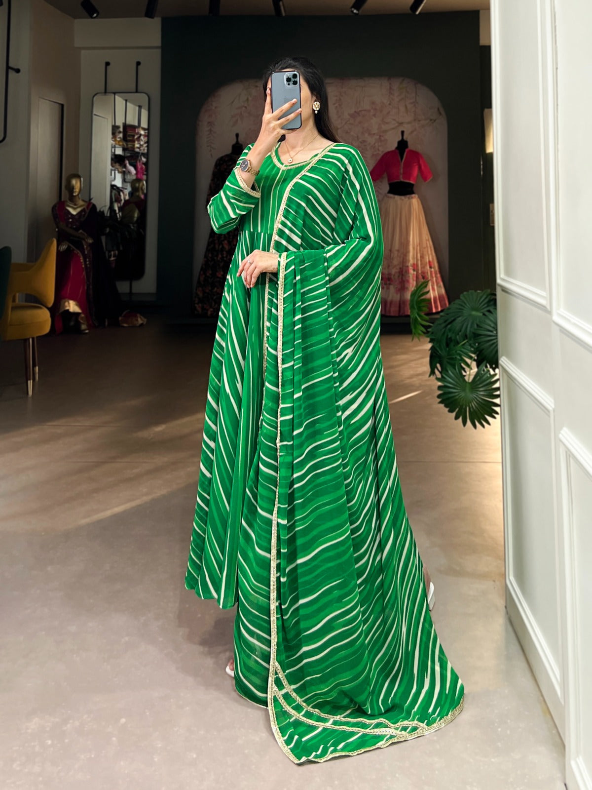 Spellbinding Georgette Leheriya Printed Stitched Designer Gown - Ethnicwish