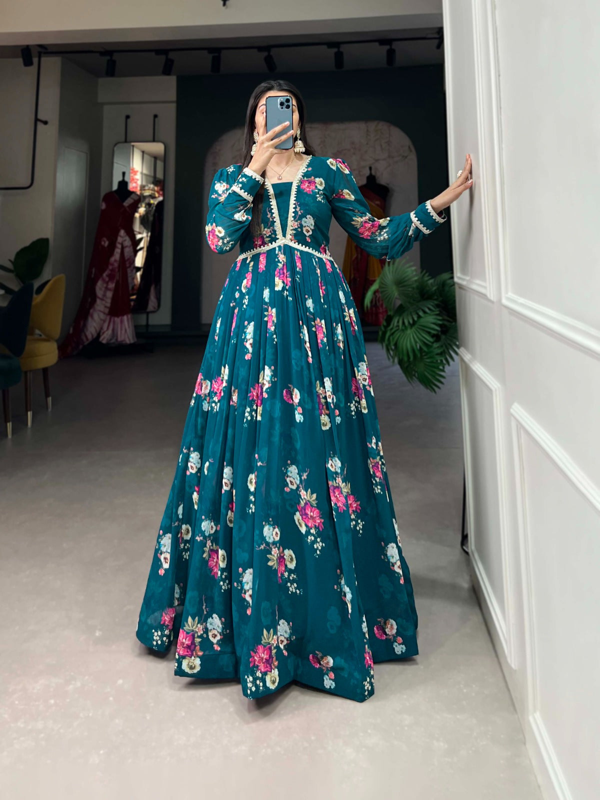 Spellbinding Firozi Georgette Lace Border Worked Stitched Gown - Ethnicwish