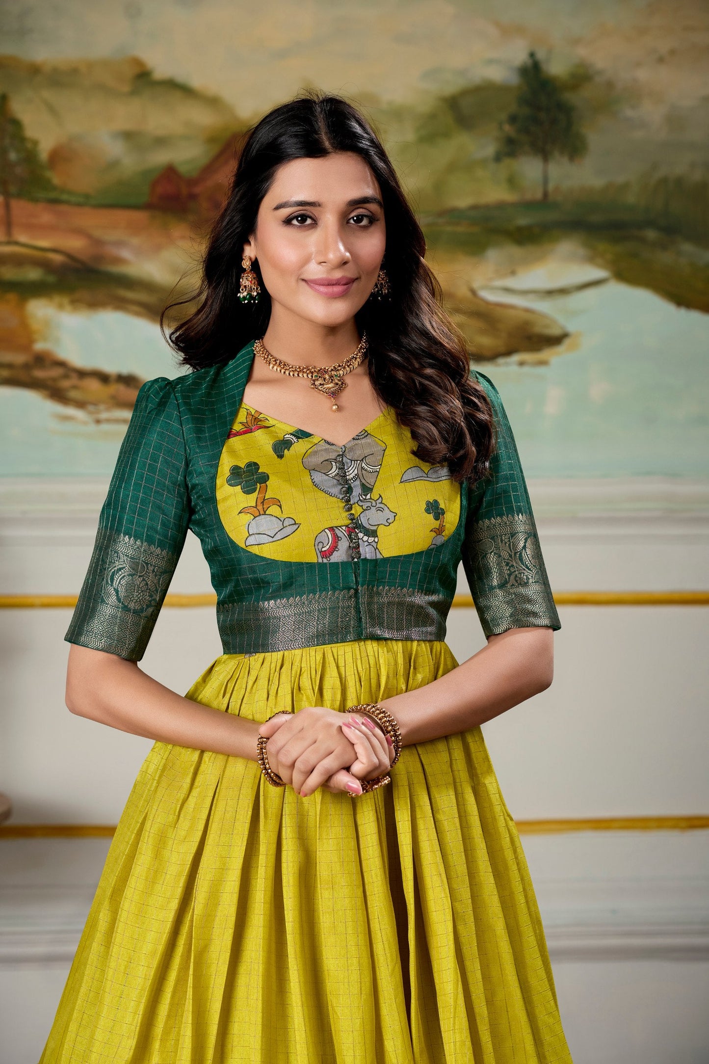 Radiant Dola Silk Kalamkari Printed Gown With Koti
