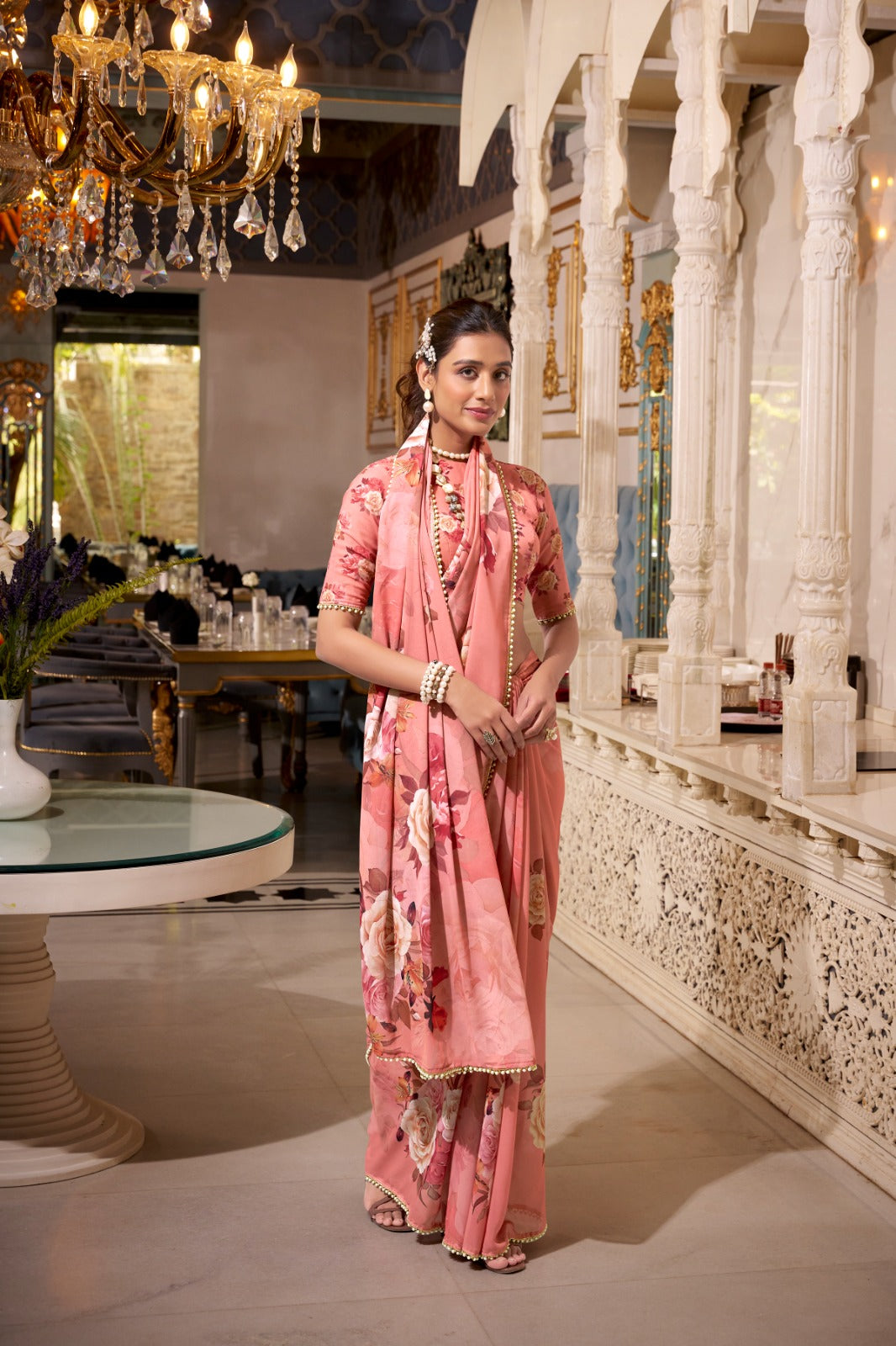 Stunning Georgette Floral Printed Pearl Lace Border Worked Saree