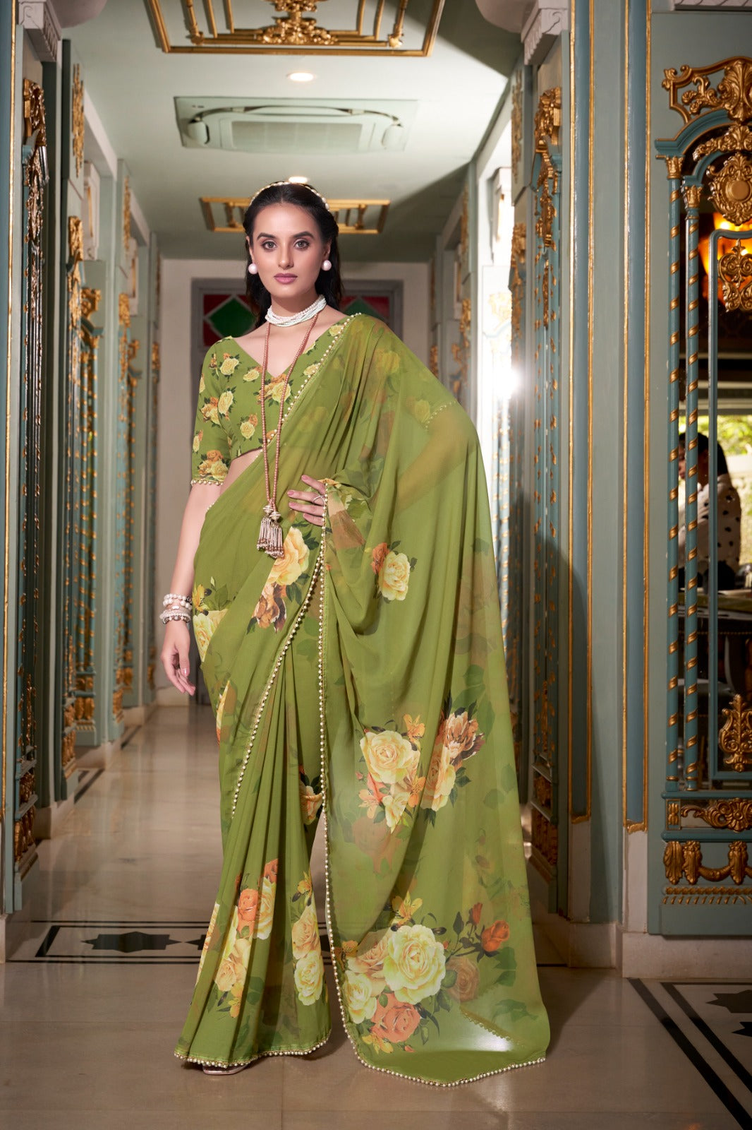 Stunning Georgette Floral Printed Pearl Lace Border Worked Saree