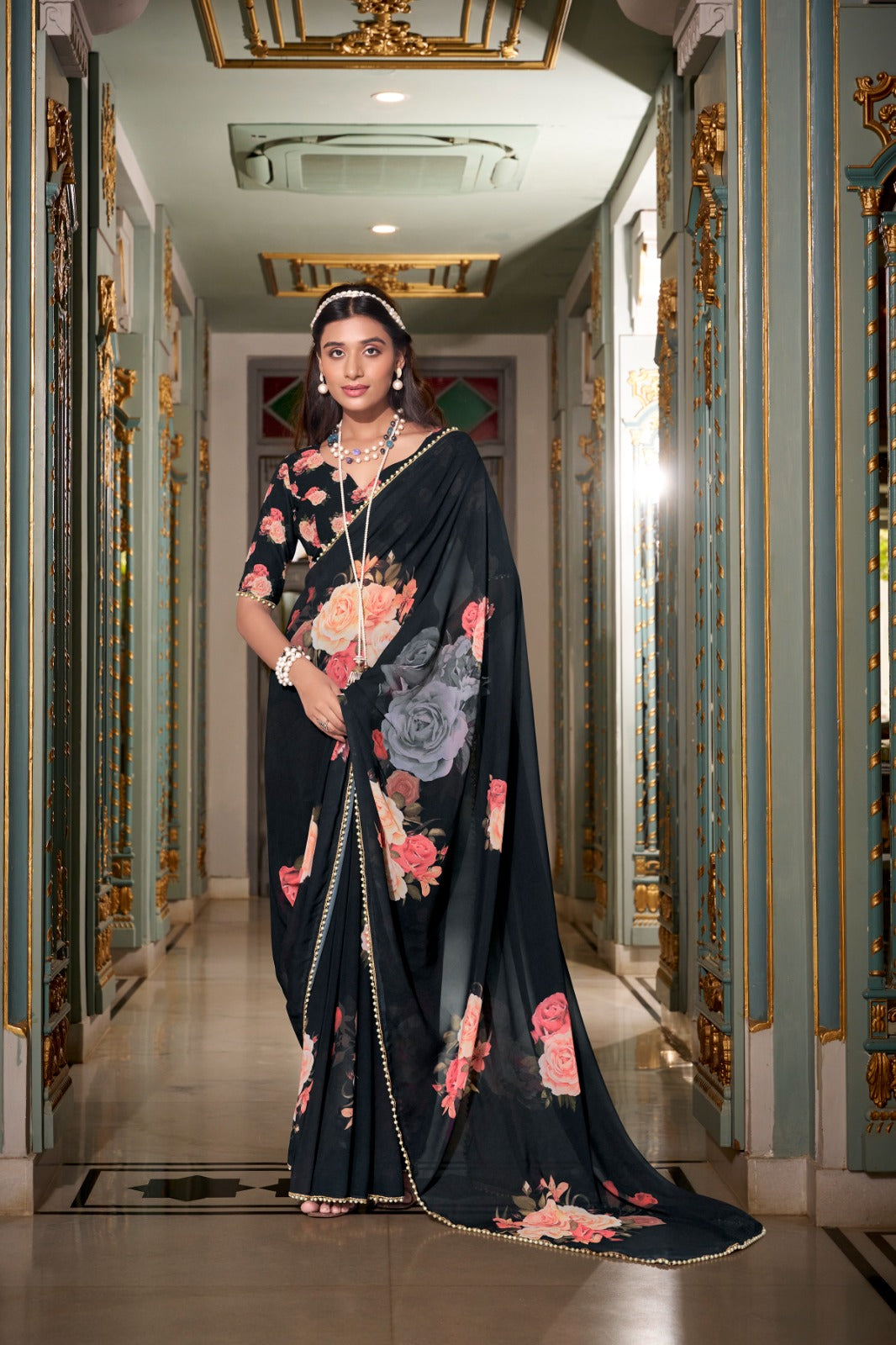 Stunning Georgette Floral Printed Pearl Lace Border Worked Saree