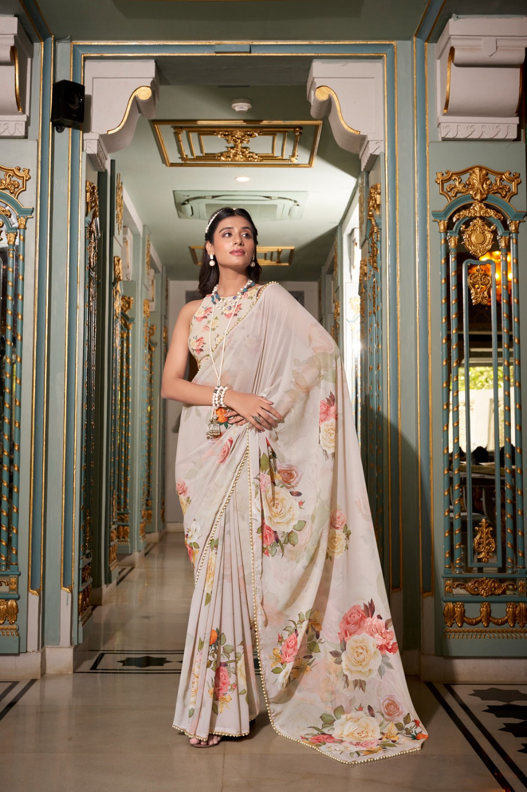 Stunning Georgette Floral Printed Pearl Lace Border Worked Saree