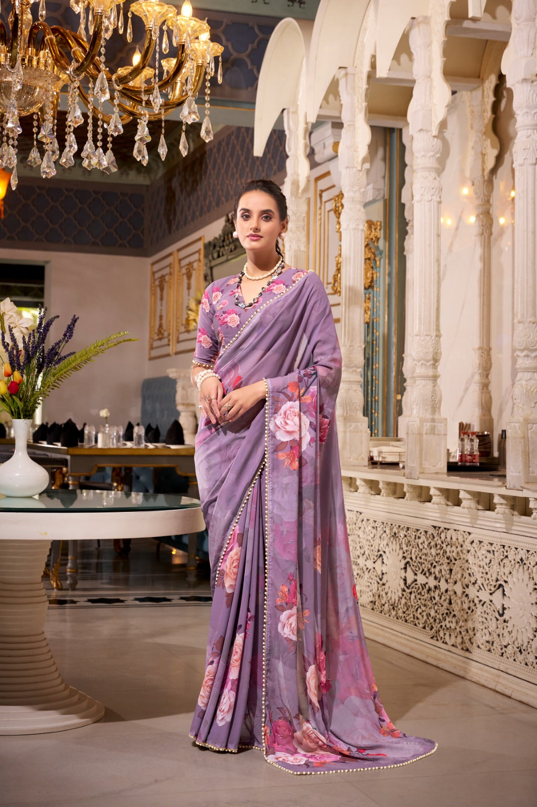 Stunning Georgette Floral Printed Pearl Lace Border Worked Saree