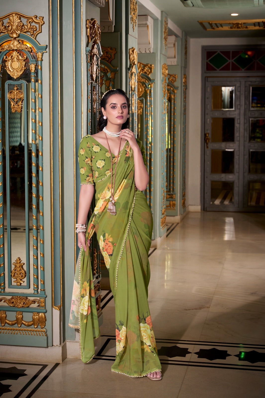 Stunning Georgette Floral Printed Pearl Lace Border Worked Saree
