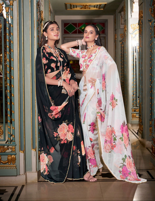 Stunning Georgette Floral Printed Pearl Lace Border Worked Saree