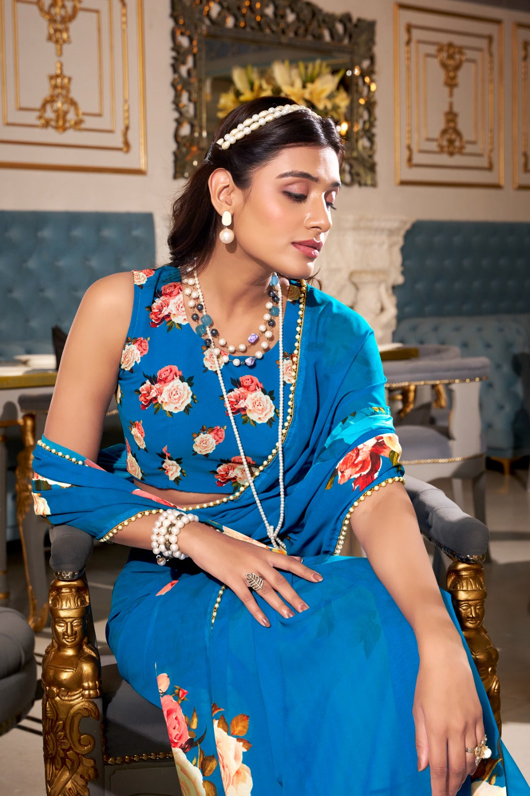 Stunning Georgette Floral Printed Pearl Lace Border Worked Saree