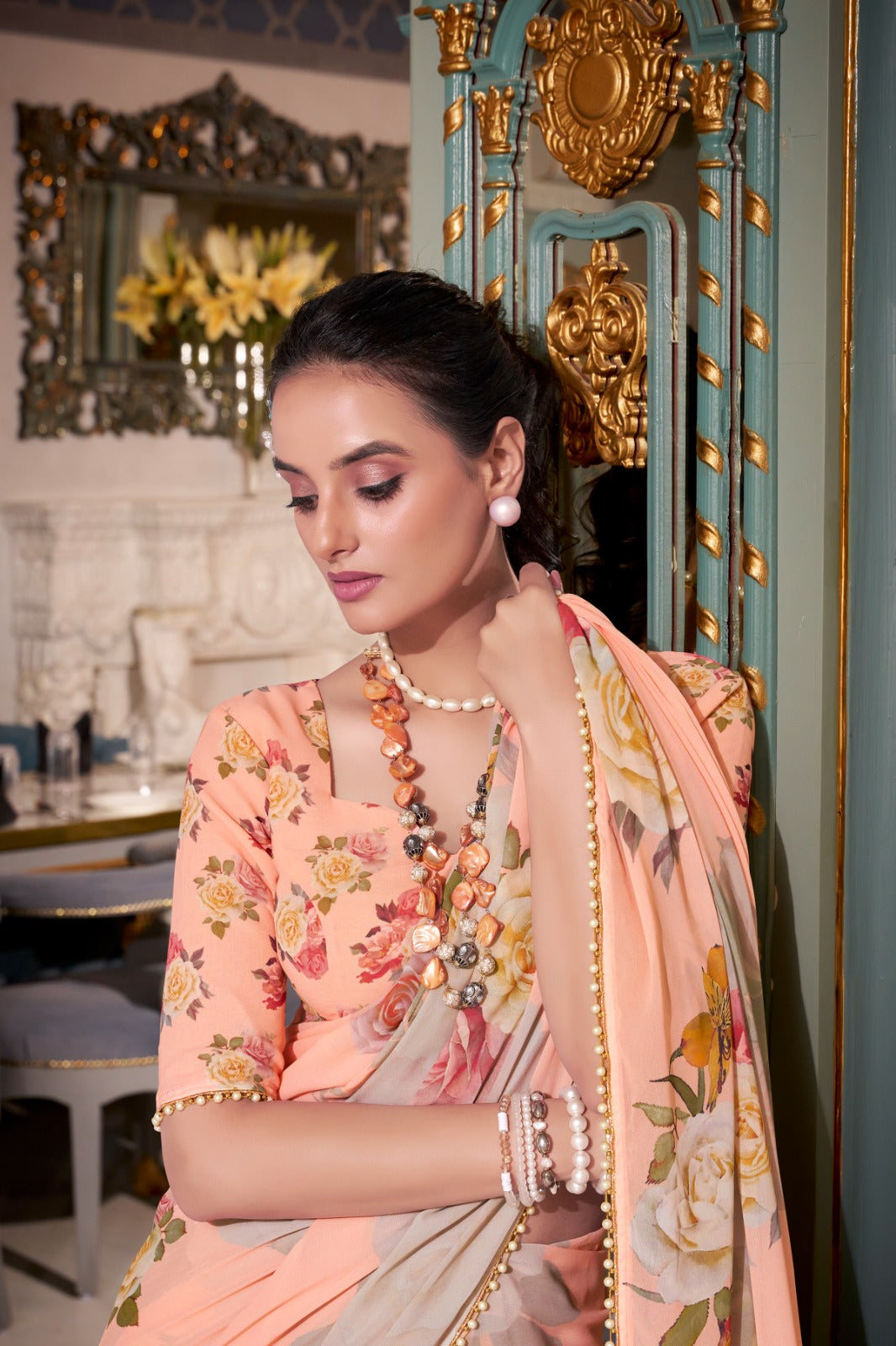 Stunning Georgette Floral Printed Pearl Lace Border Worked Saree
