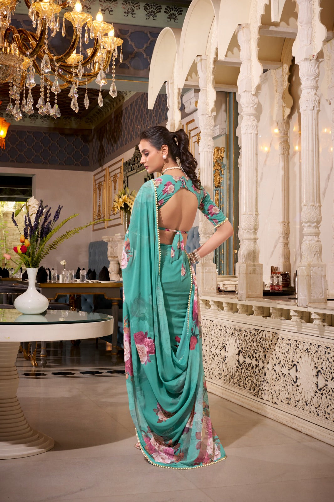 Stunning Georgette Floral Printed Pearl Lace Border Worked Saree