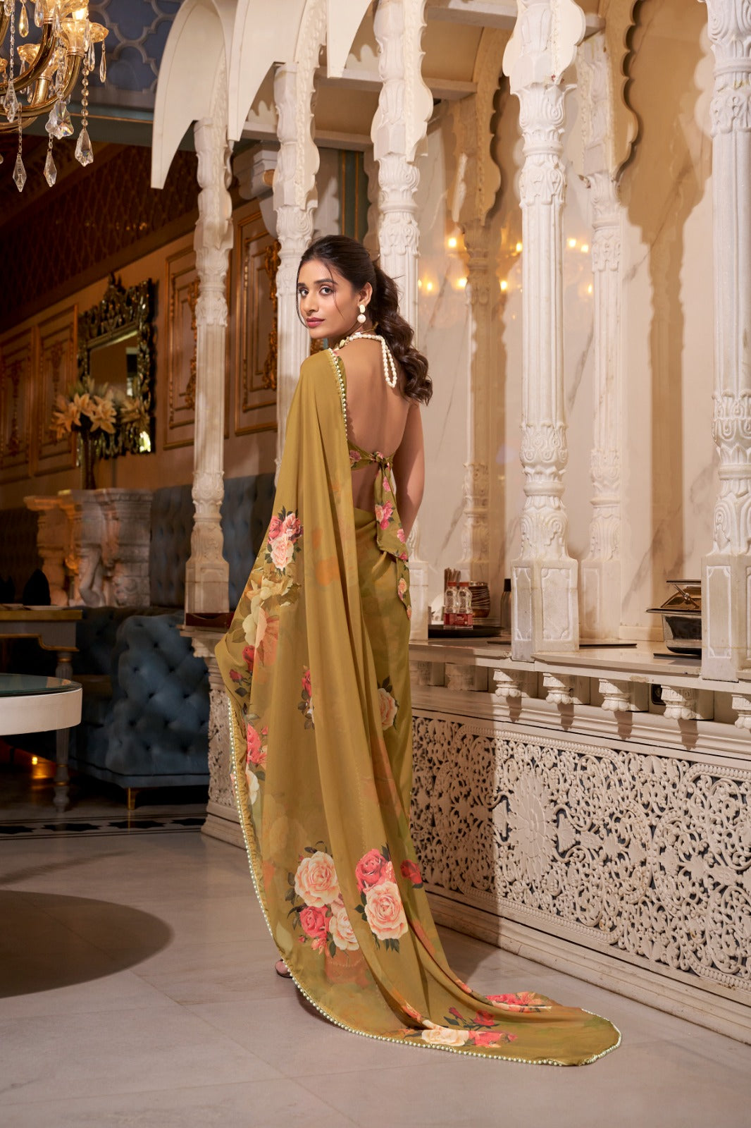 Stunning Georgette Floral Printed Pearl Lace Border Worked Saree