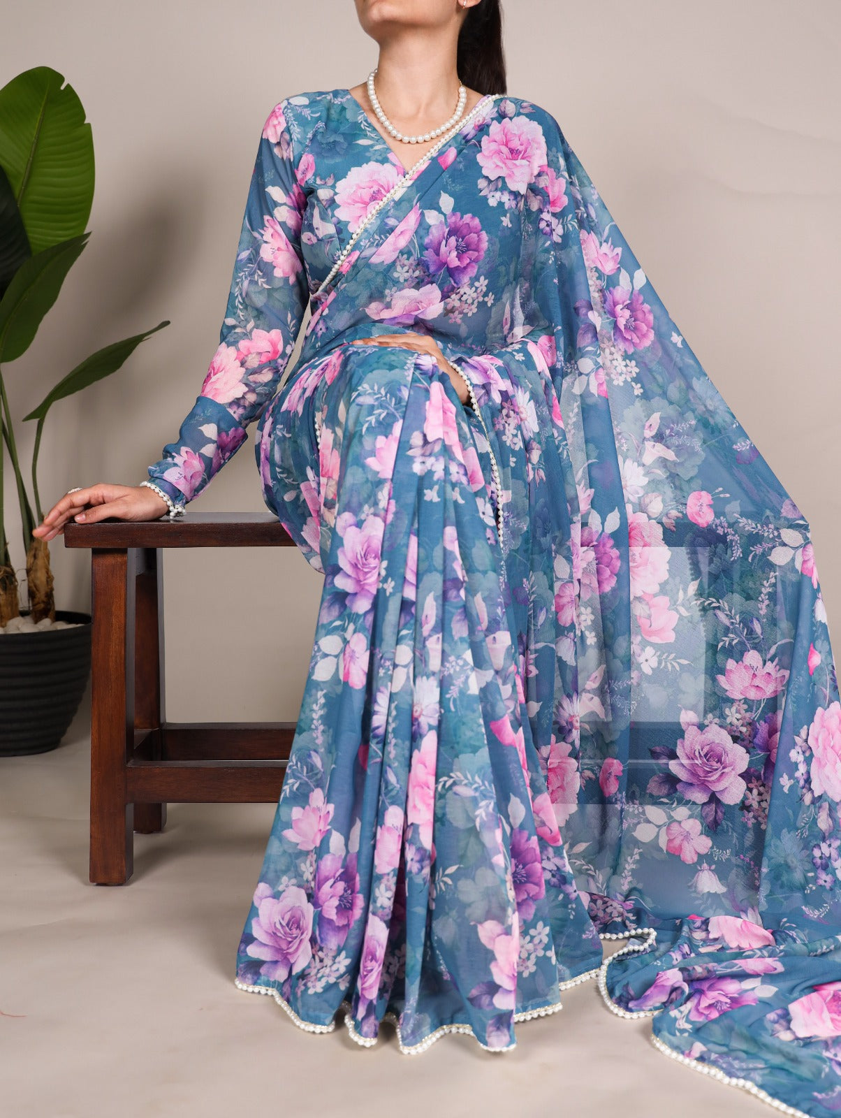 Radiant Georgette Floral Digital Printed Pearl Lace Worked Saree - Ethnicwish