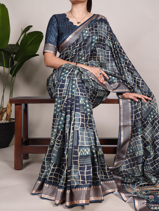 Luminous Navy Blue Tussar Silk Viscose Border Worked Printed Saree - Ethnicwish