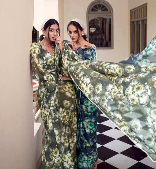 Elegant Floral Printed Saree with Pearl Lace Border
