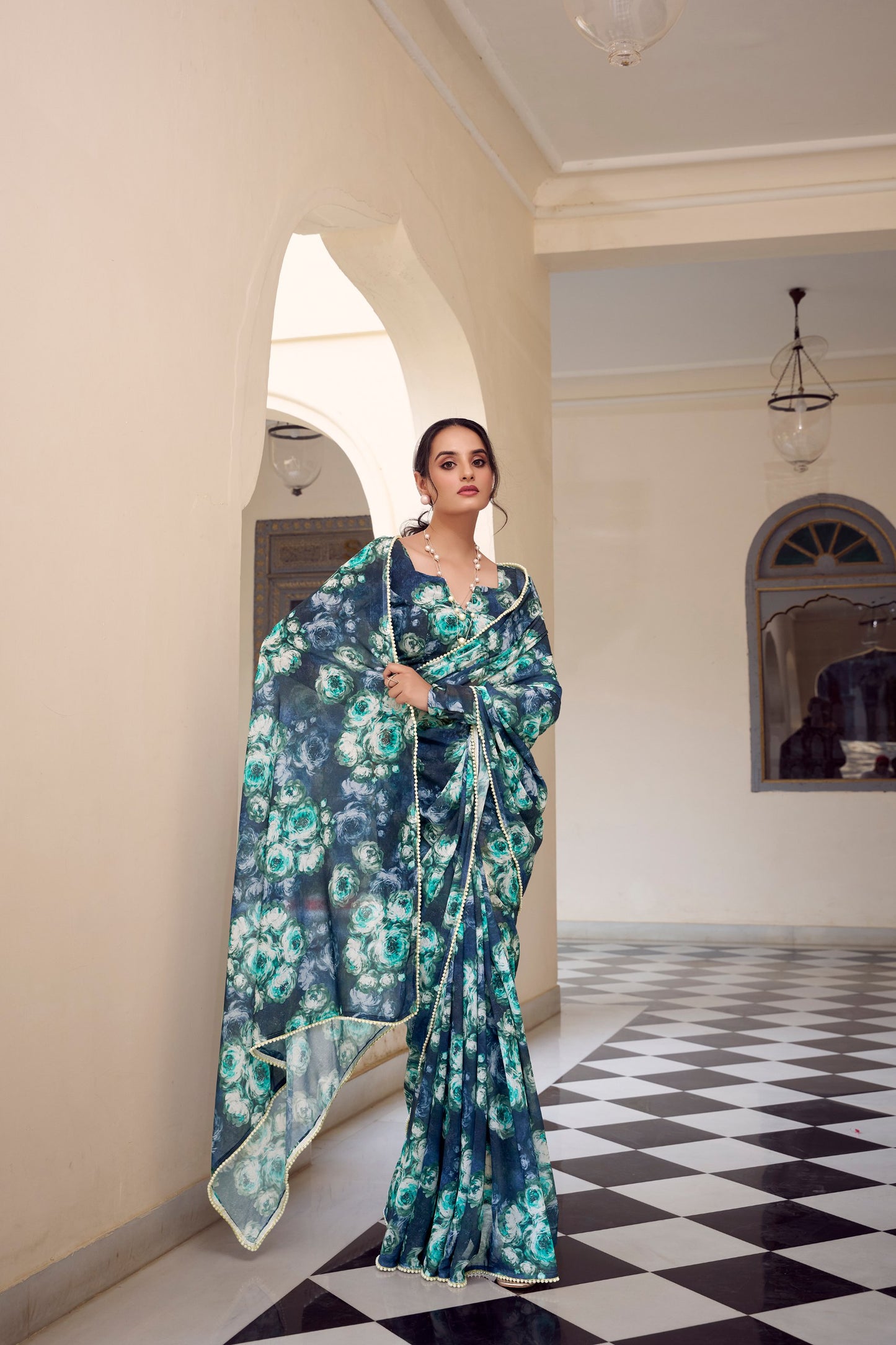 Elegant Floral Printed Saree with Pearl Lace Border