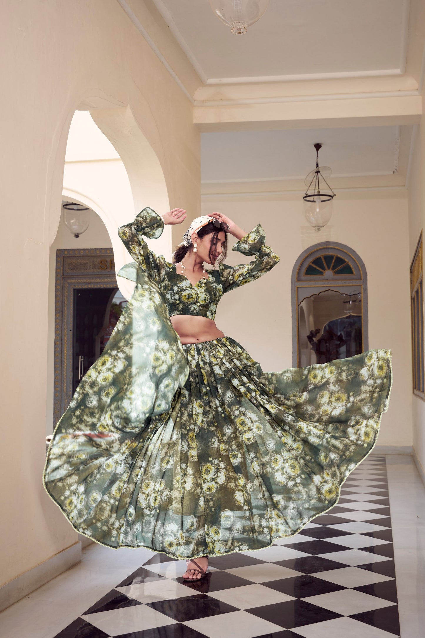 Elegant Floral Printed Saree with Pearl Lace Border