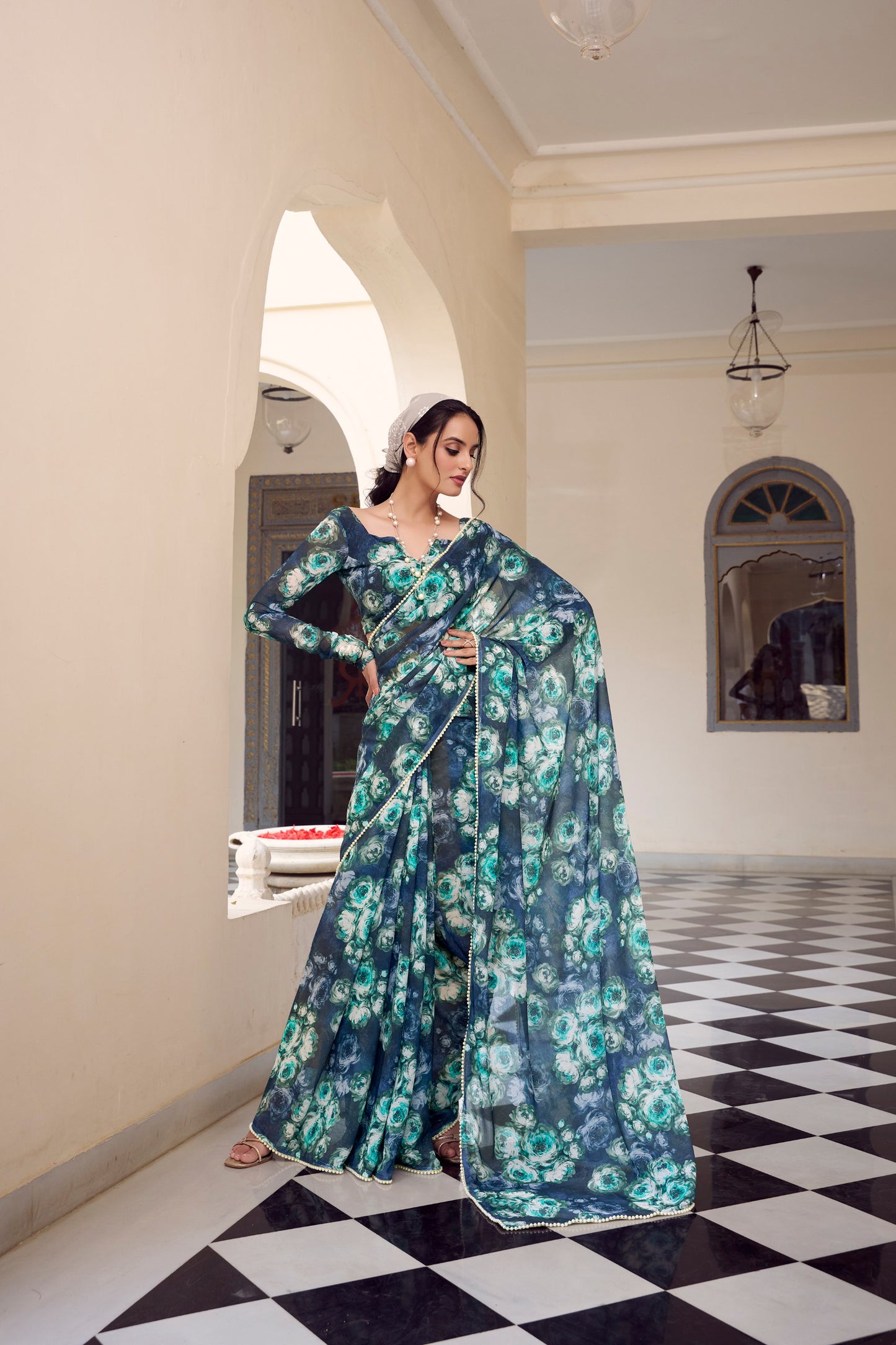 Elegant Floral Printed Saree with Pearl Lace Border