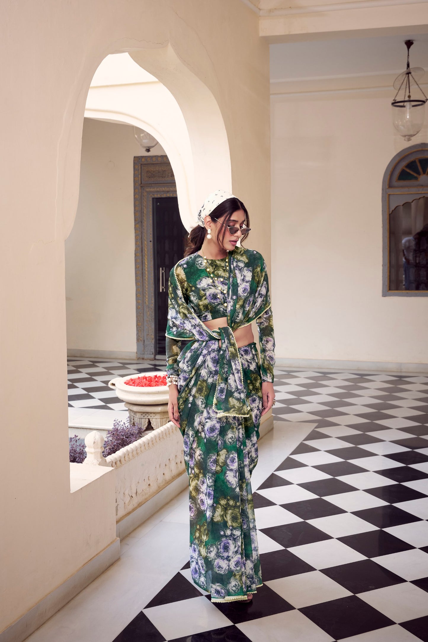Elegant Floral Printed Saree with Pearl Lace Border