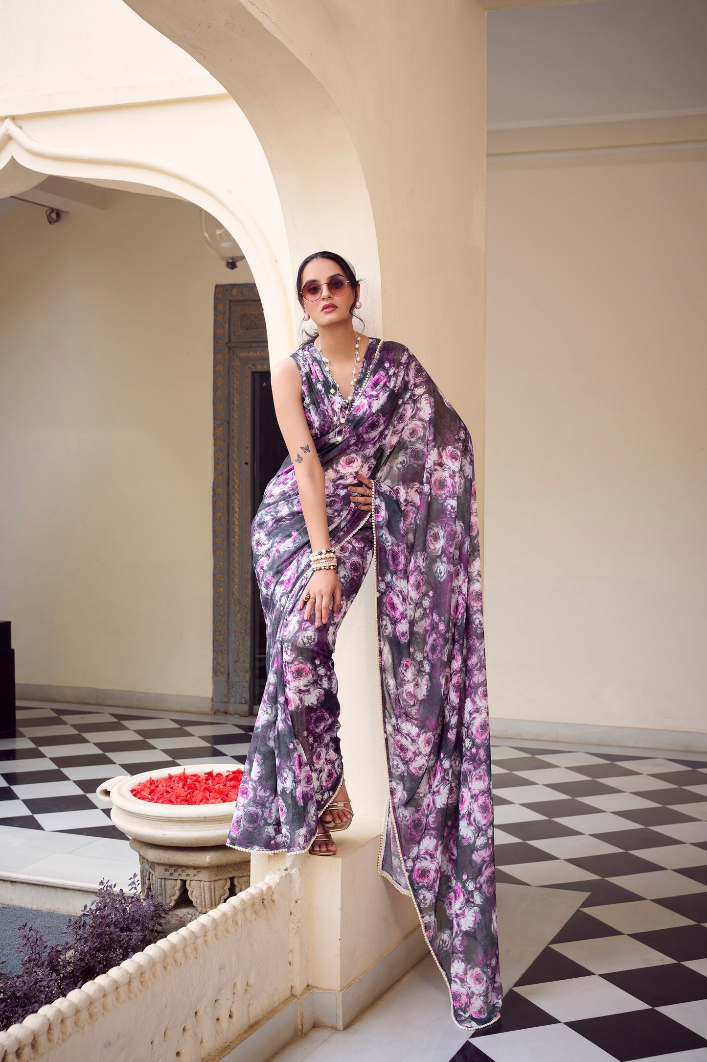 Elegant Floral Printed Saree with Pearl Lace Border