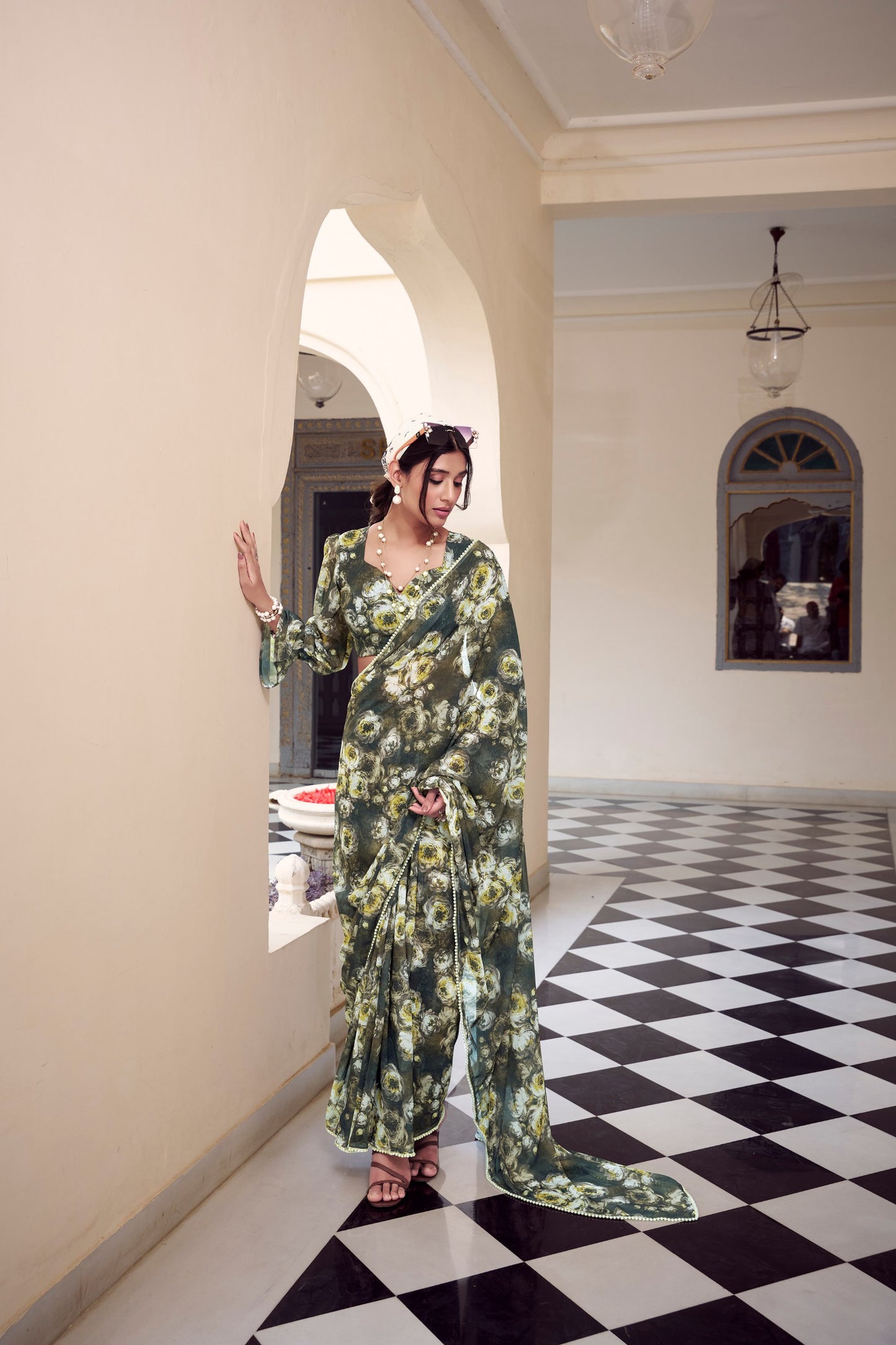 Elegant Floral Printed Saree with Pearl Lace Border