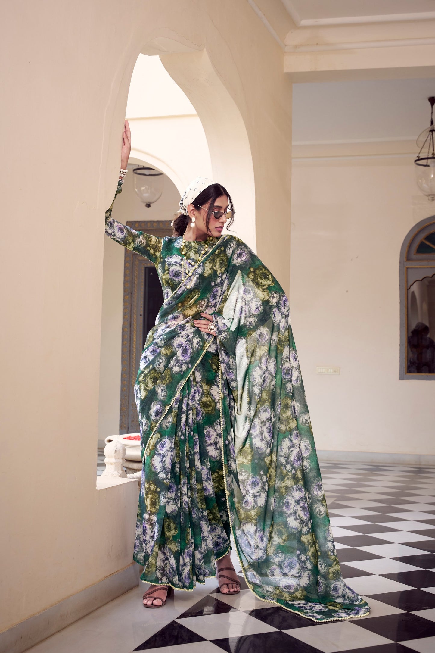 Elegant Floral Printed Saree with Pearl Lace Border