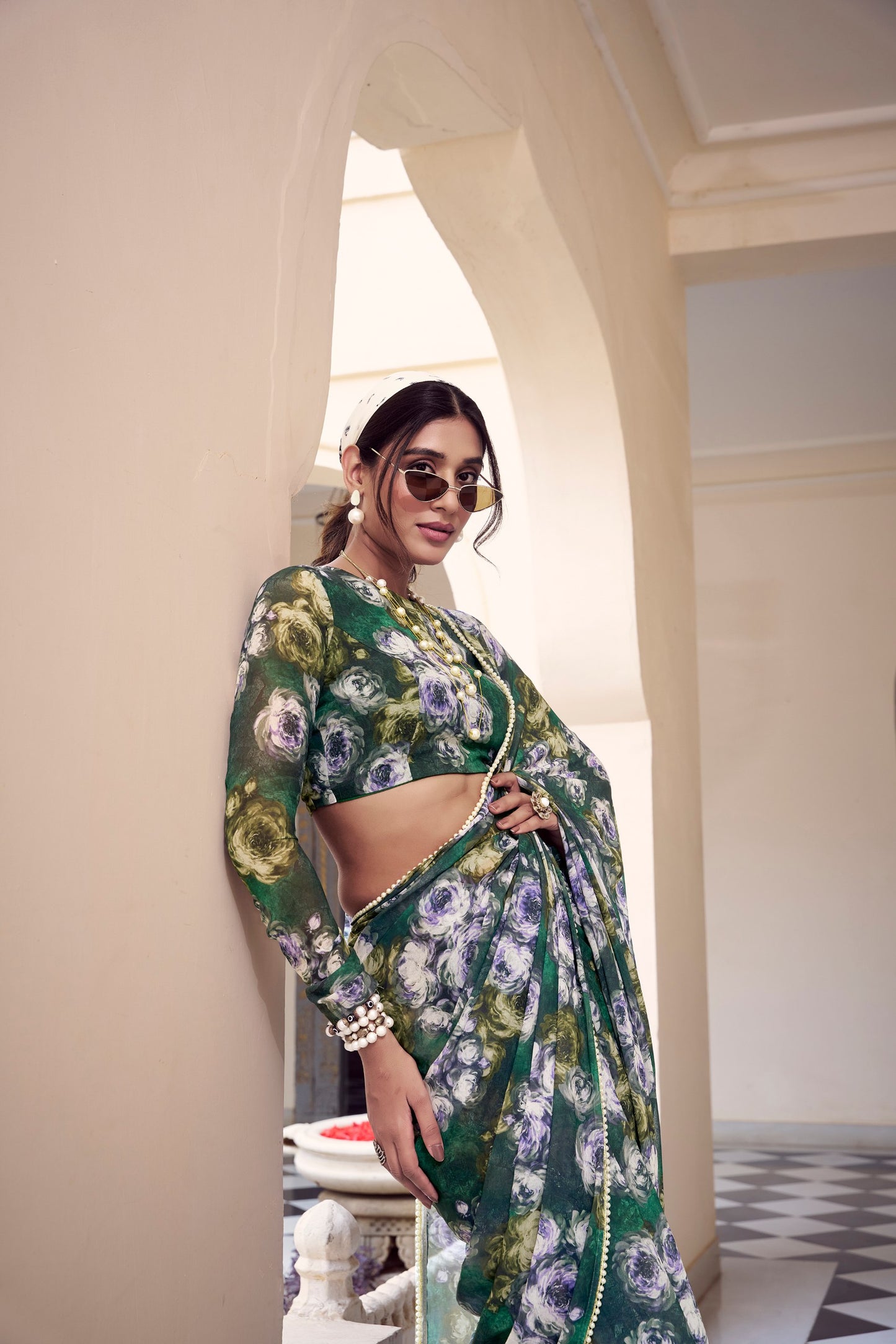 Elegant Floral Printed Saree with Pearl Lace Border