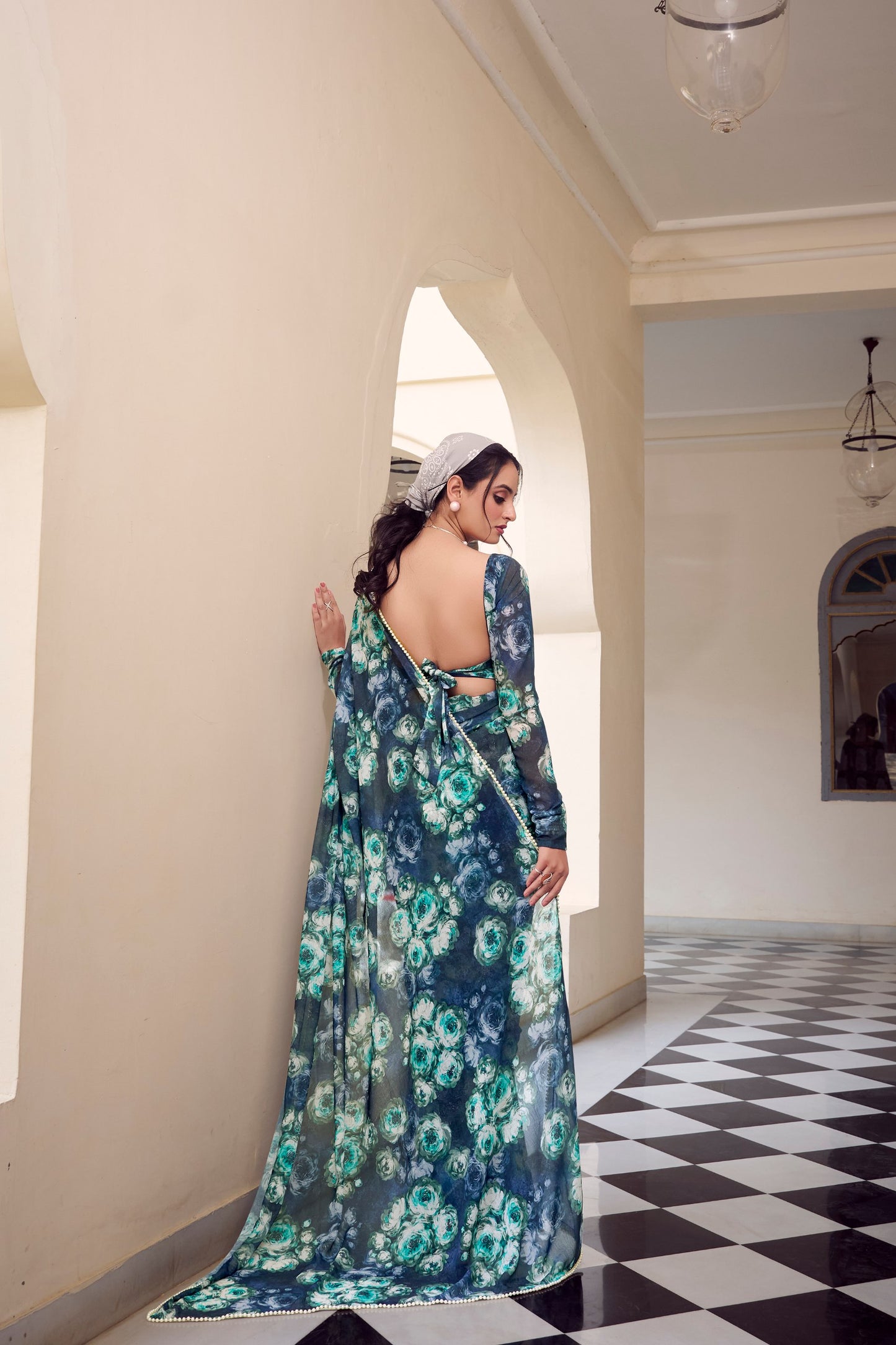 Elegant Floral Printed Saree with Pearl Lace Border