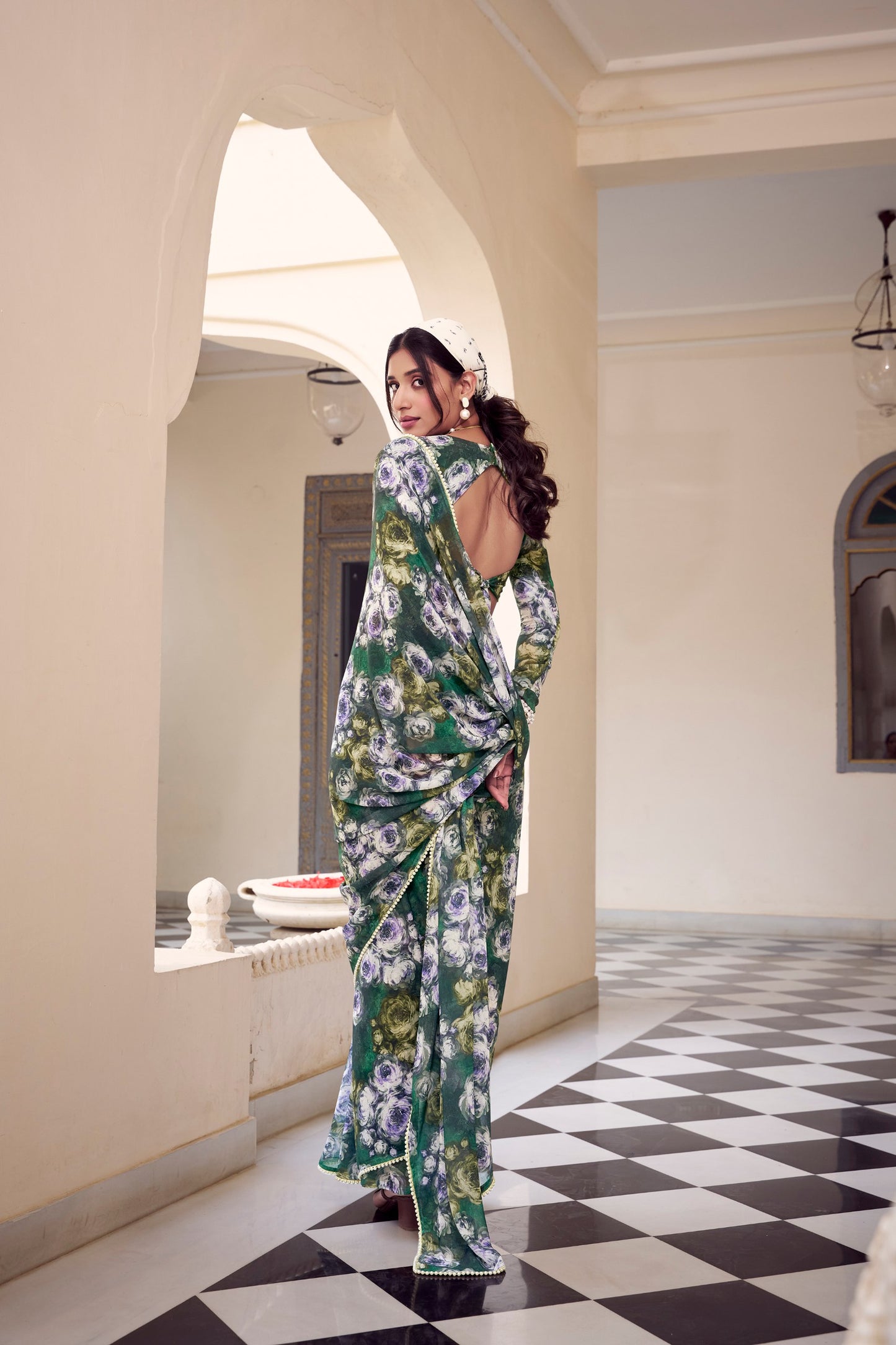 Elegant Floral Printed Saree with Pearl Lace Border