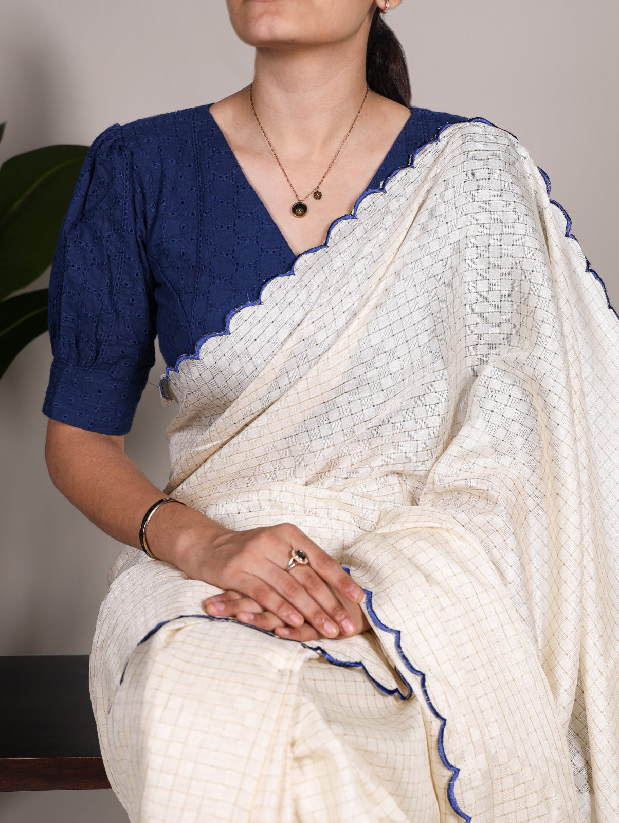 Spectacular White Gadhawal Chex Arca Worked Saree With Lucknowi Blouse - Ethnicwish