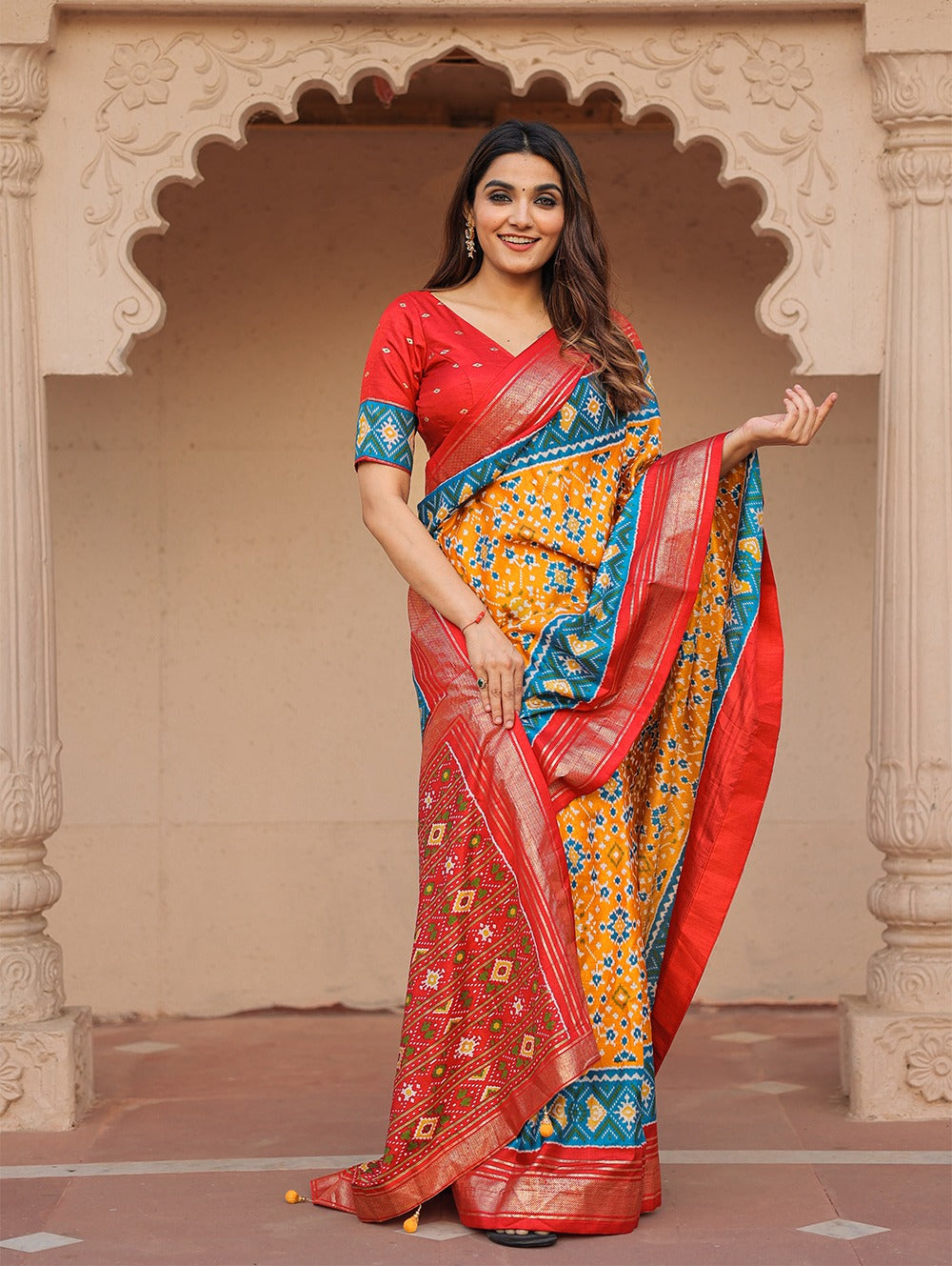 Sublime Mustard Patola Printed Mustard Dola Silk Saree - Ethnicwish