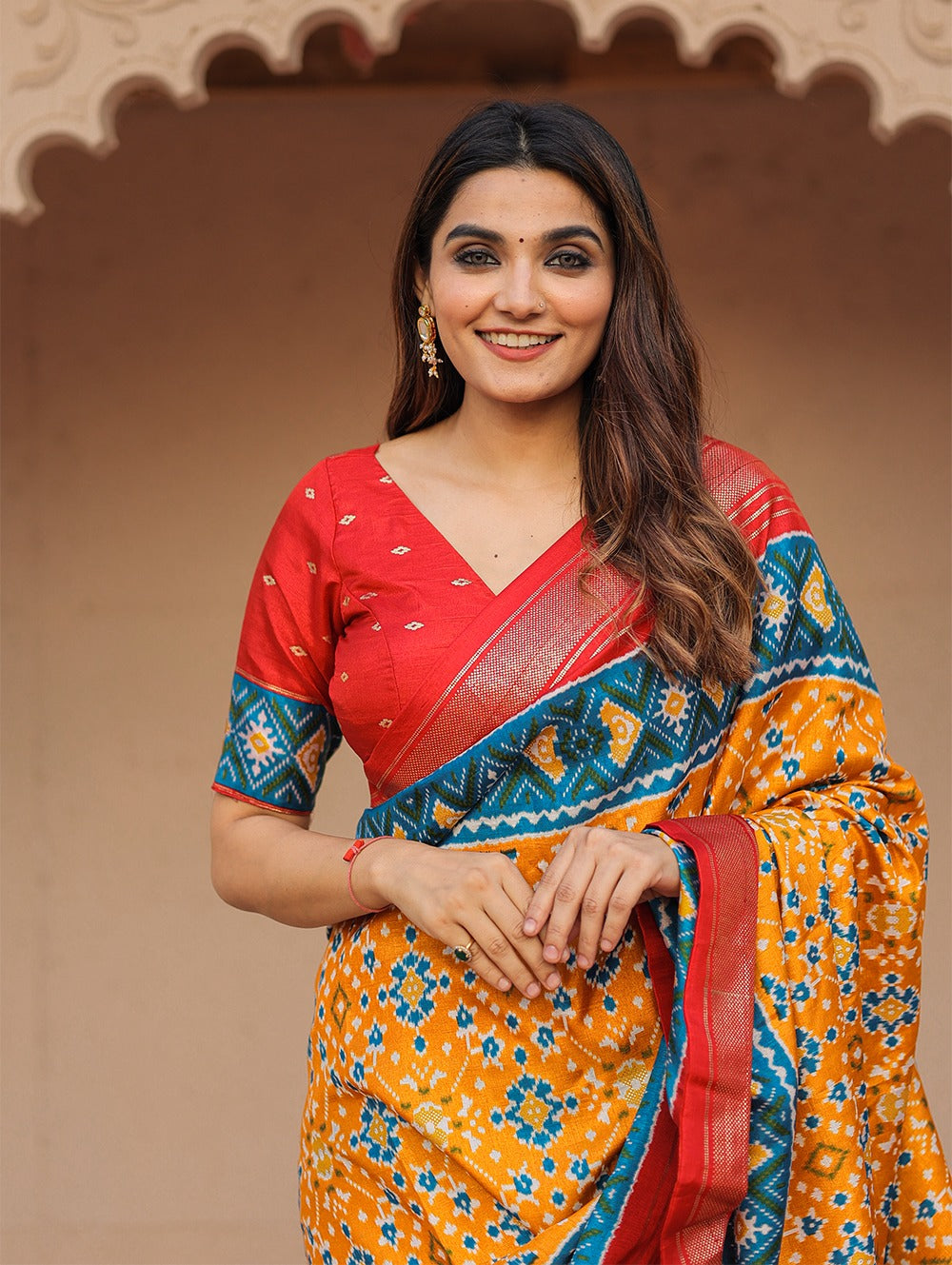 Sublime Mustard Patola Printed Mustard Dola Silk Saree - Ethnicwish