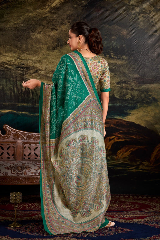 Magnificent Silk Fusion Madhubani Bandhej Printed Saree - Ethnicwish