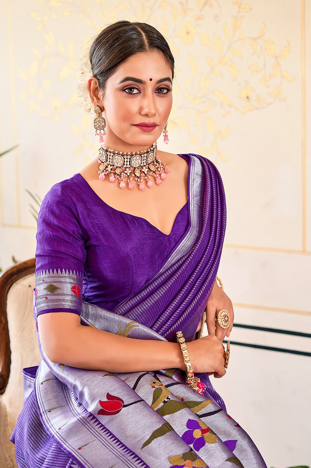 Stylish Purple Viscose Paithani Meenakari Weaving Worked Saree - Ethnicwish