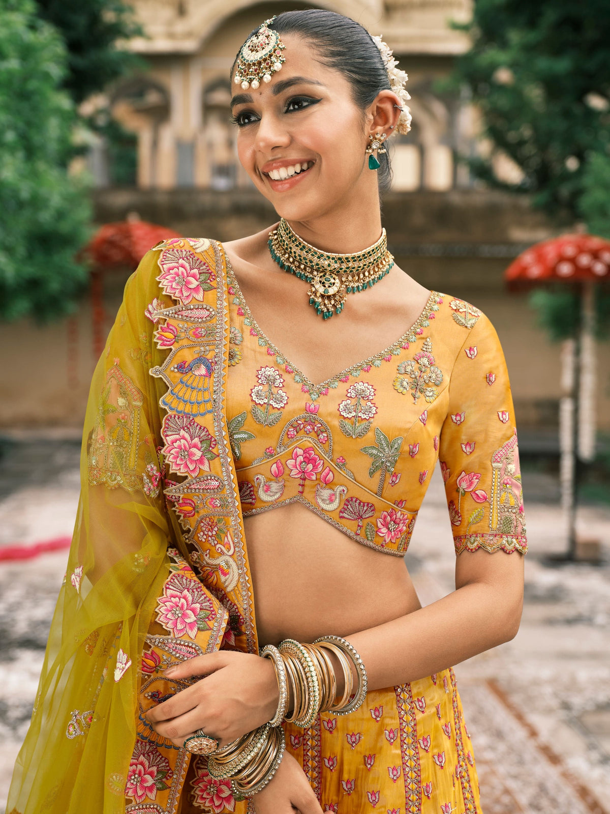 Yellow Bridal Lehenga with Temple Embroidery & Mirror Work