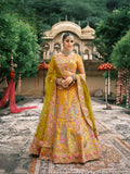 Yellow Bridal Lehenga with Temple Embroidery & Mirror Work