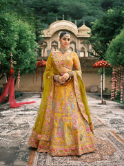 Yellow Bridal Lehenga with Temple Embroidery & Mirror Work