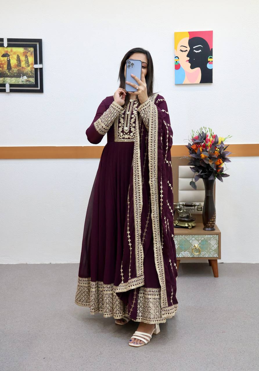 Breathtaking Faux Georgette Sequins Cording Worked Designer Gown - Ethnicwish