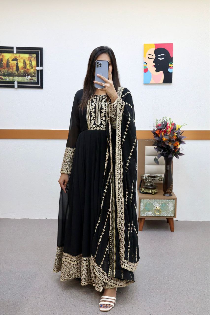Breathtaking Faux Georgette Sequins Cording Worked Designer Gown - Ethnicwish