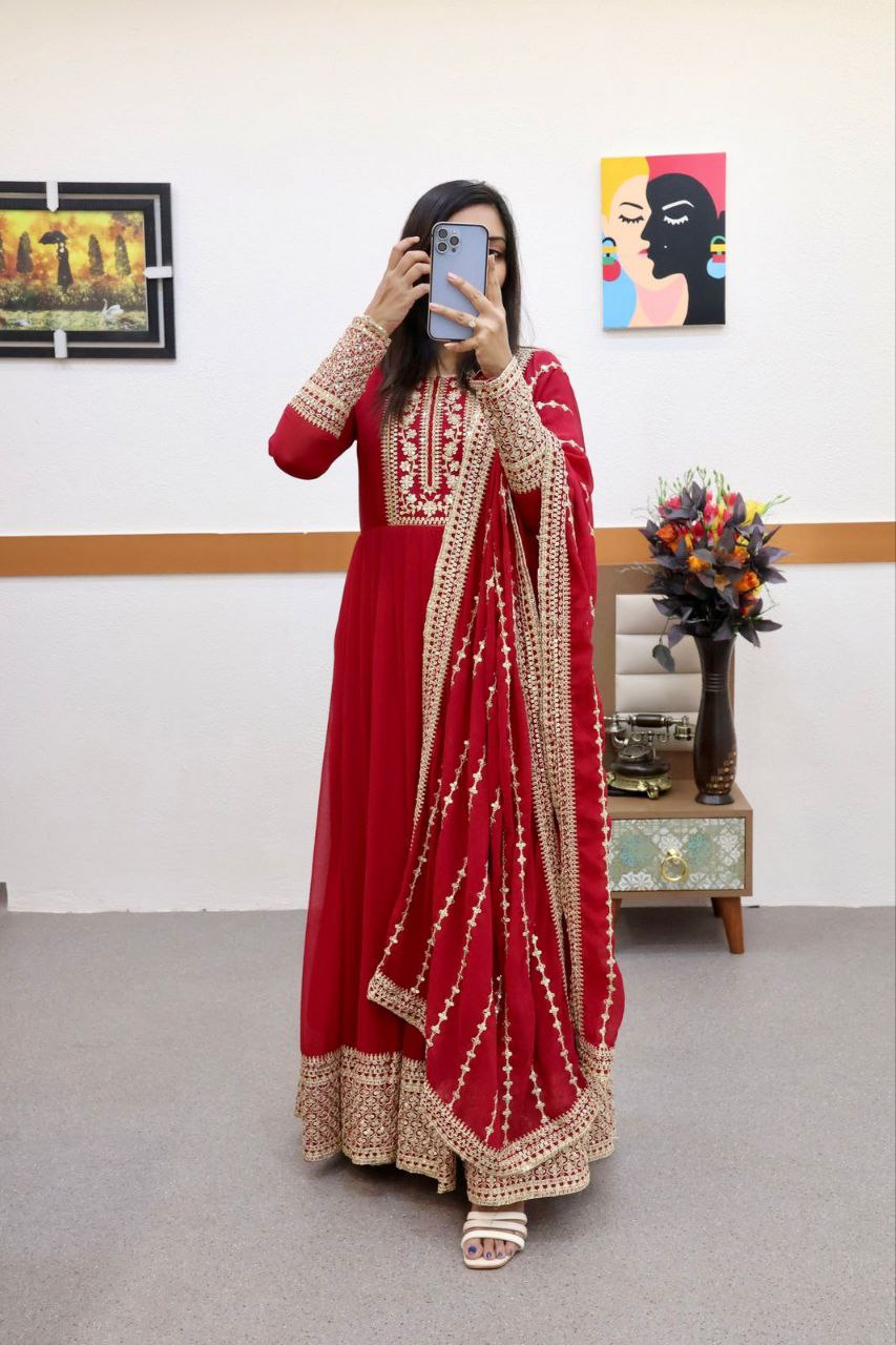 Breathtaking Faux Georgette Sequins Cording Worked Designer Gown - Ethnicwish