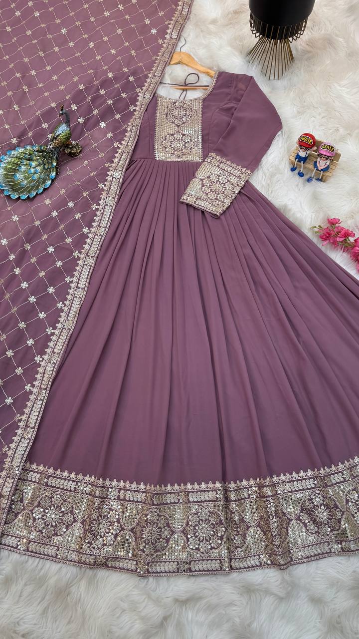 Breathtaking Faux Georgette Sequins Cording Worked Designer Gown - Ethnicwish
