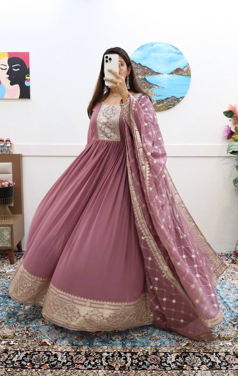 Breathtaking Faux Georgette Sequins Cording Worked Designer Gown - Ethnicwish