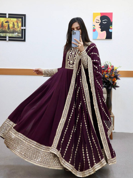 Breathtaking Faux Georgette Sequins Cording Worked Designer Gown - Ethnicwish