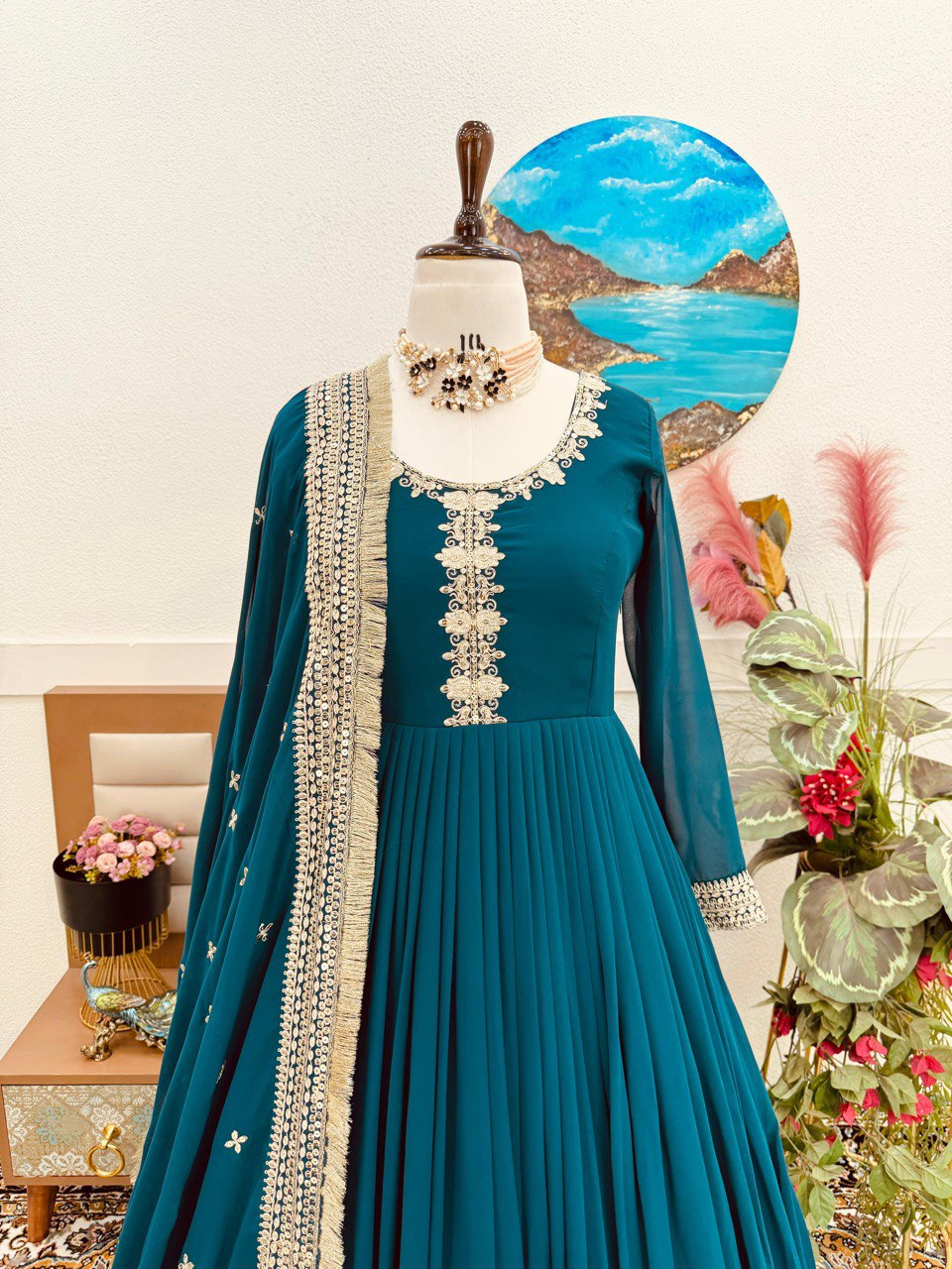 Breathtaking Faux Georgette Sequins Cording Worked Designer Gown - Ethnicwish