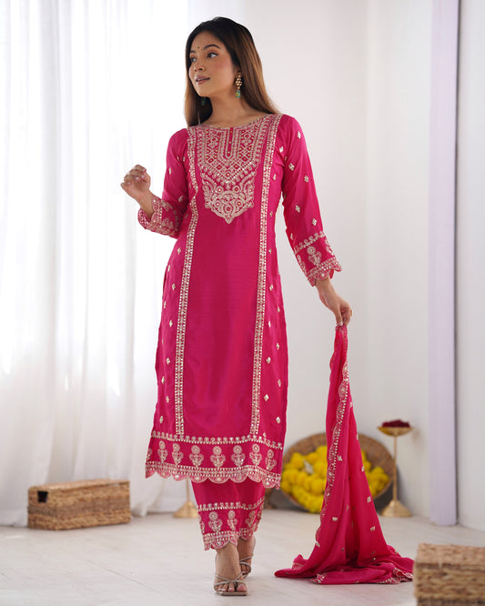 Spectacular Pink Chinon Silk Sequins Embroidered Straight Suit