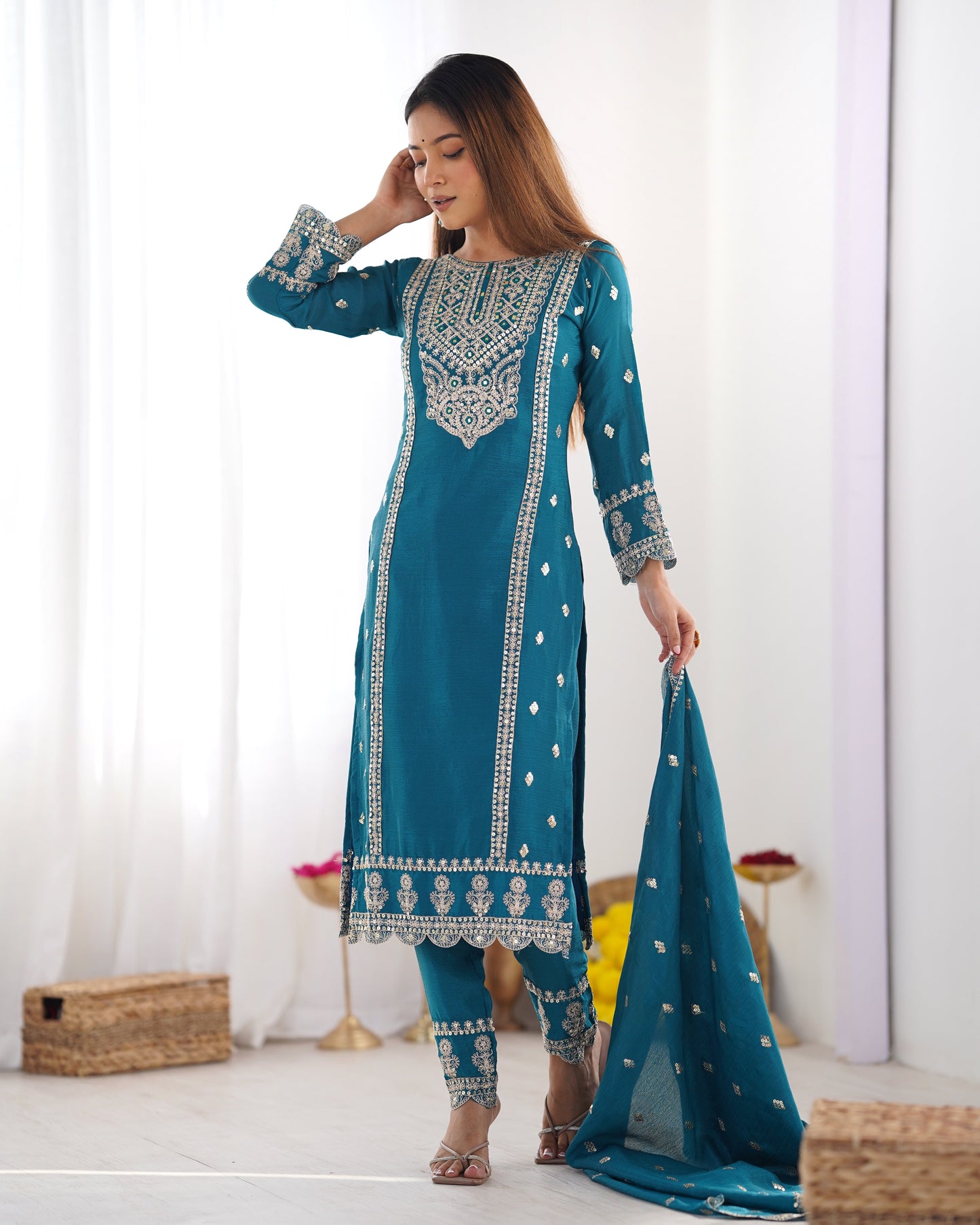Enamoring Teal Blue Chinon Silk Sequins Embroidered Straight Suit