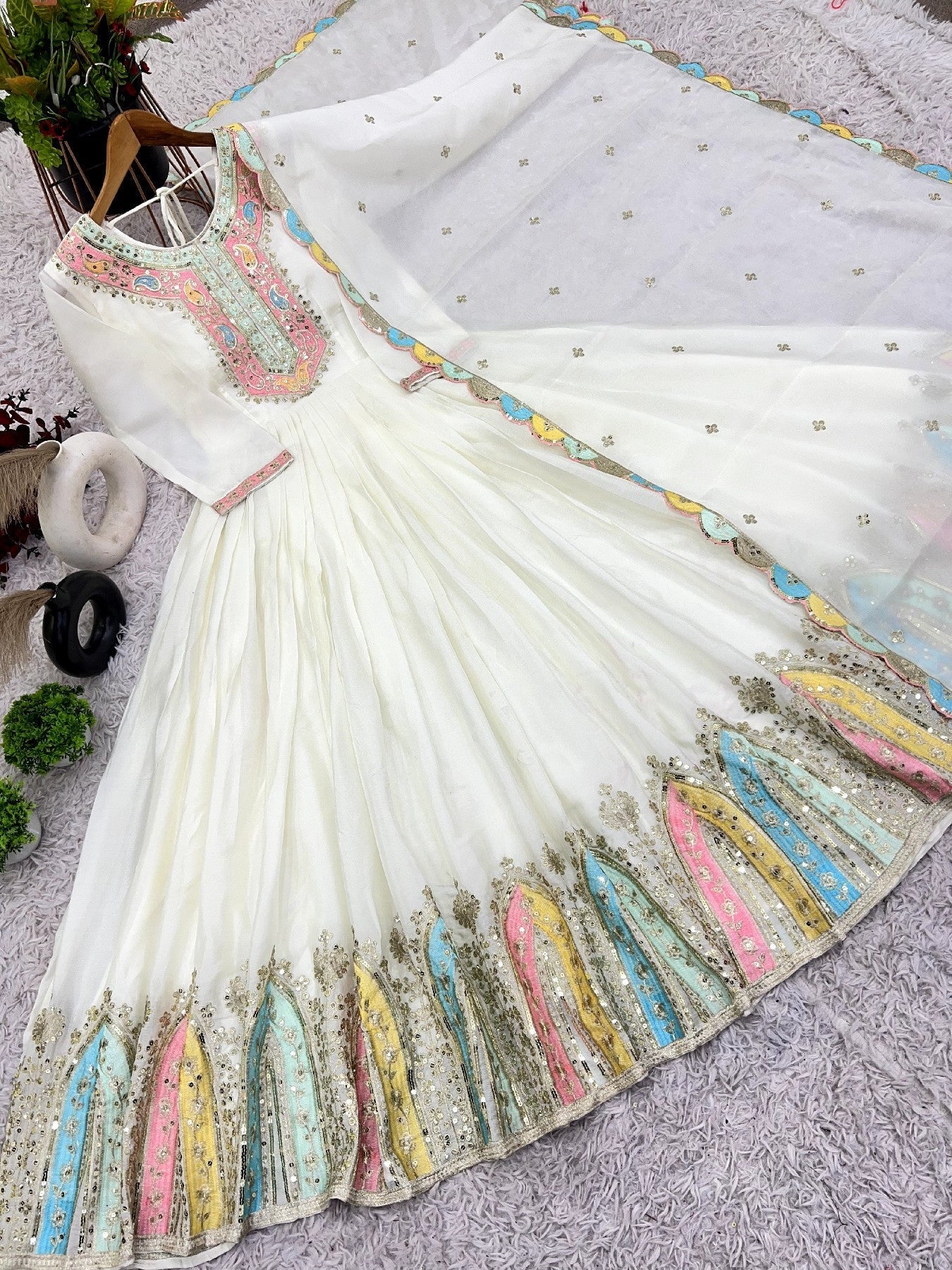 Graceful Embroidered Chinon Silk Fully Stitched Gown With Dupatta - Ethnicwish