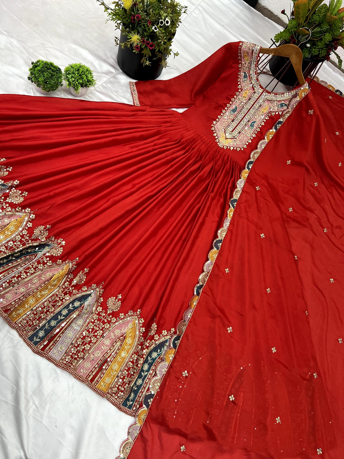 Graceful Embroidered Chinon Silk Fully Stitched Gown With Dupatta - Ethnicwish