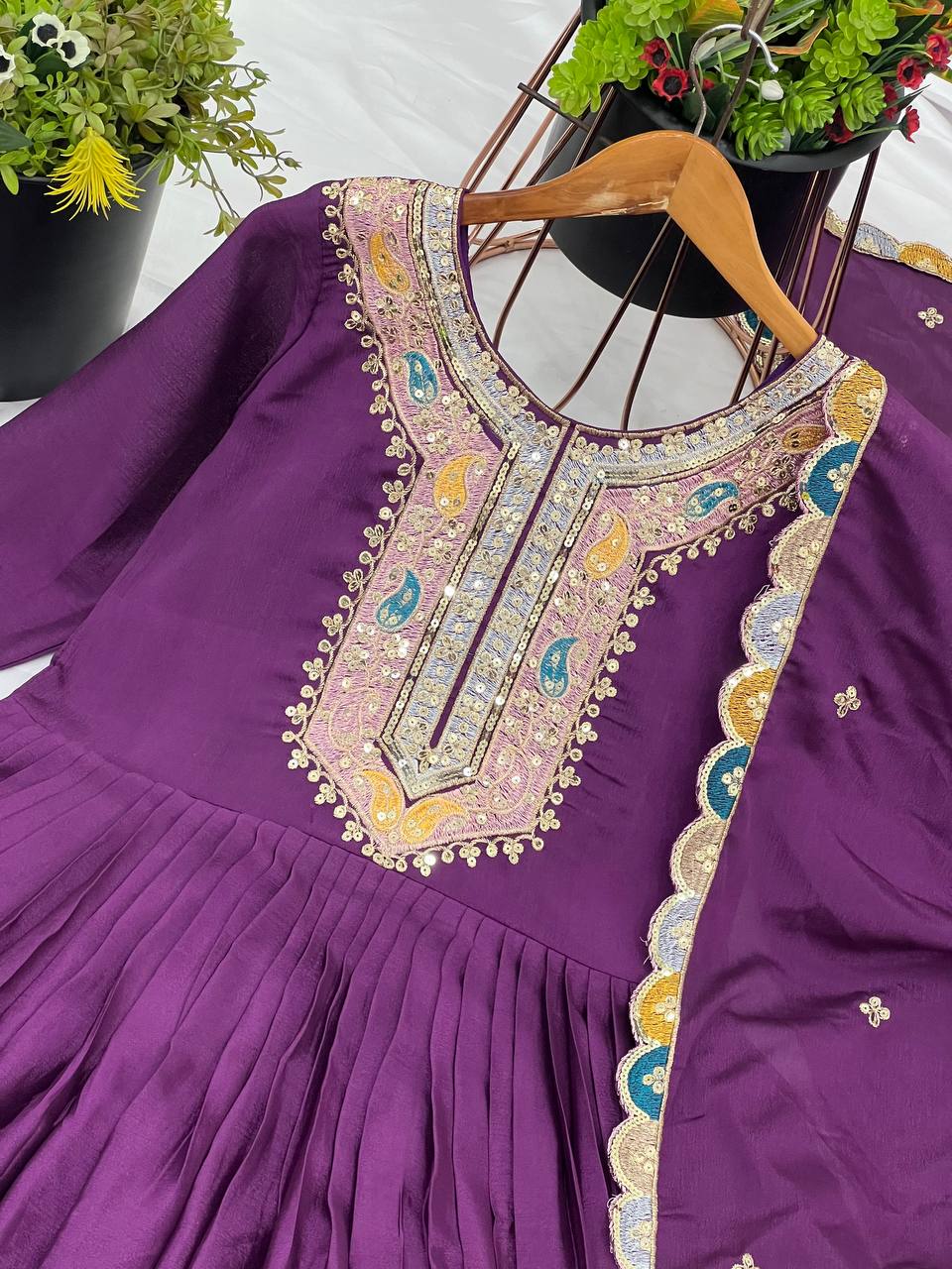 Graceful Embroidered Chinon Silk Fully Stitched Gown With Dupatta - Ethnicwish