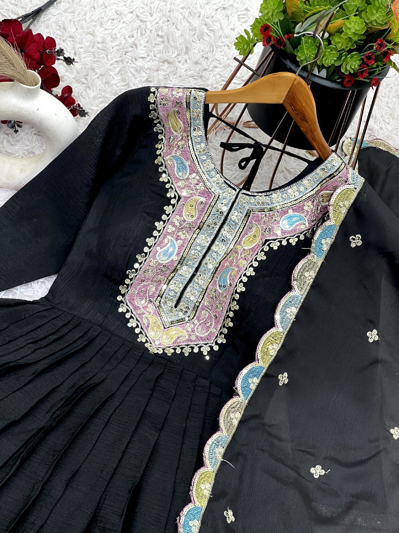 Graceful Embroidered Chinon Silk Fully Stitched Gown With Dupatta - Ethnicwish